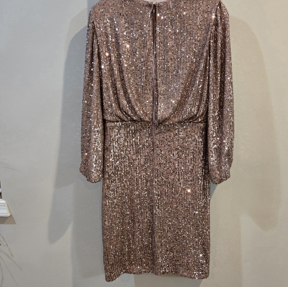 Eliza J Sequin V-Neck Cocktail Mini Dress/ Sheath - Rose Gold/Baloon Sleeves NWT - Picture 14 of 16